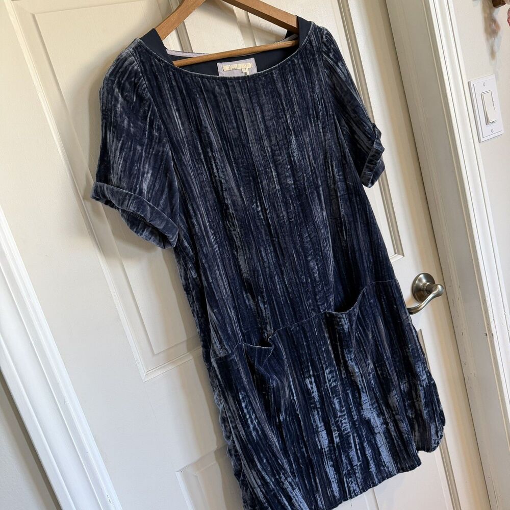 Floreat Anthropologie Crushed Velvet Pocket Dress Tunic Blue Gray Size Small